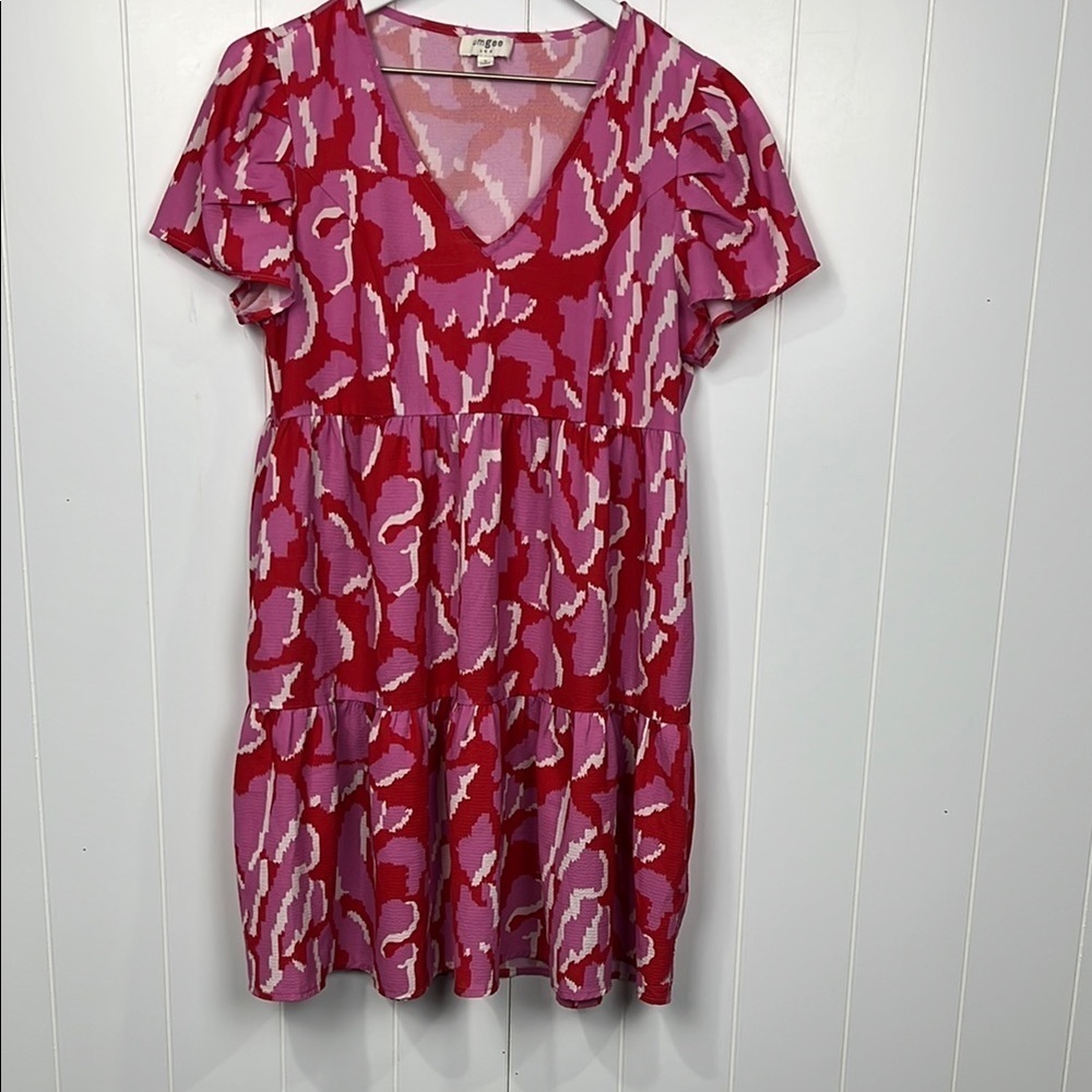 Umgee Womens Mini Dress S Red Fuschia Pullover Puff Sleeves Peplum Hem Vneck EUC